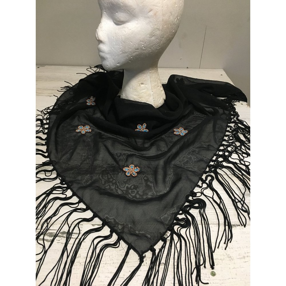 Black sheet polyester triangle scarf fringe and beaded flowers made in India